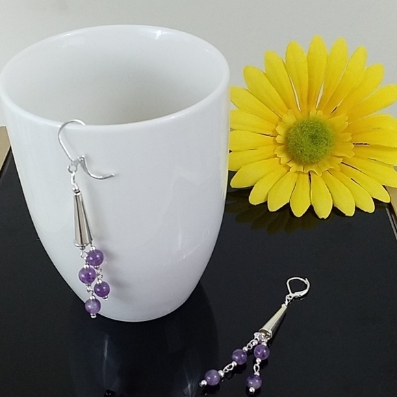 Silver Ton Amethyst Dangling Earrings. - Picture 3 of 3
